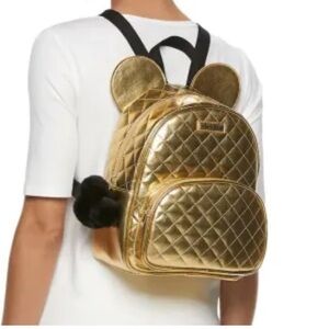 Disney MICKEY MOUSE with pom pom zipper pull Gold quilted Mini Backpack